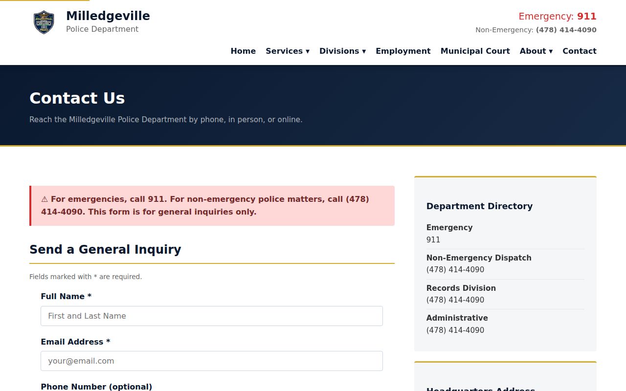 Milledgeville warrant records and Municipal Court contact directory
