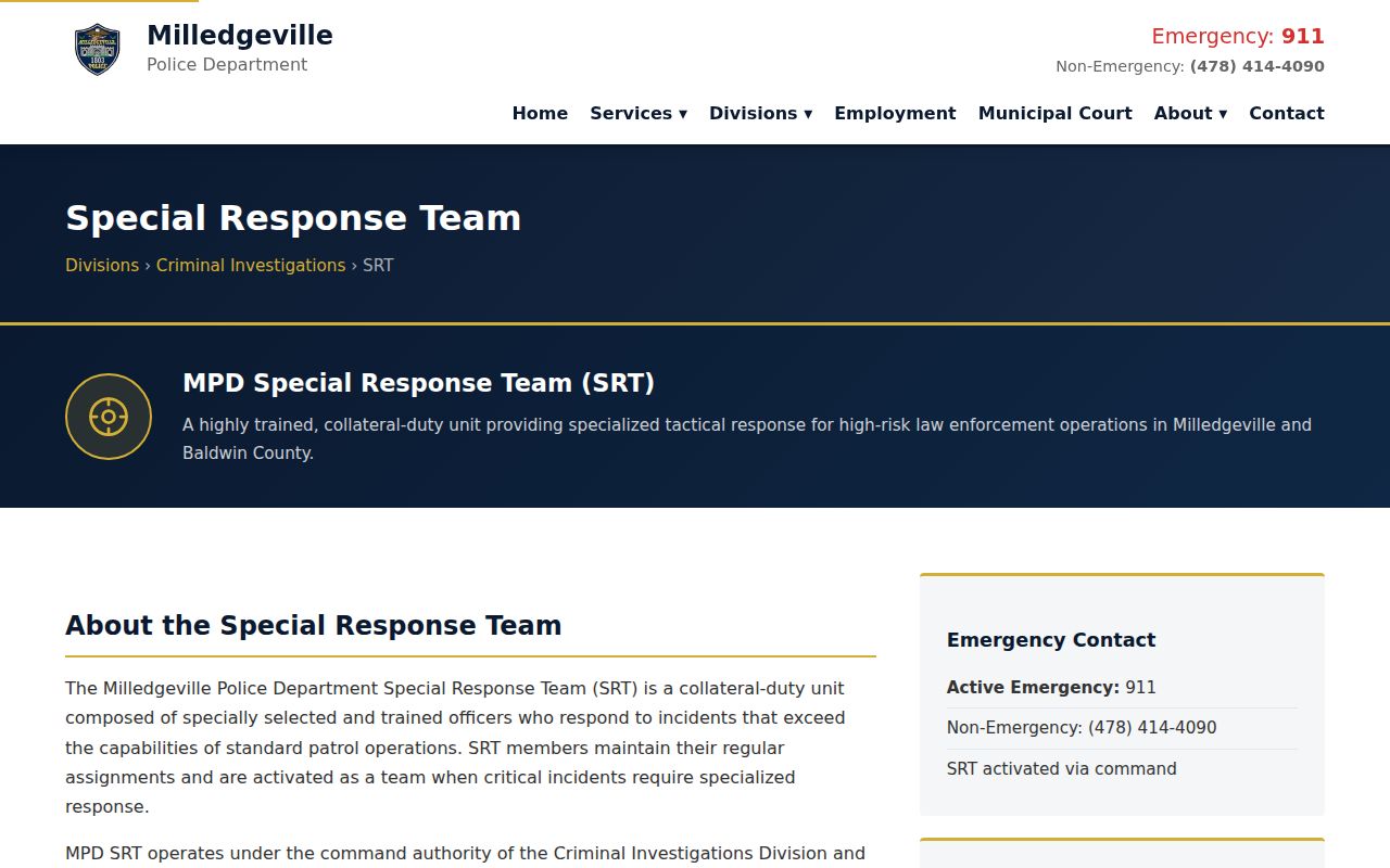 Milledgeville Police official page on high-risk warrant service roles