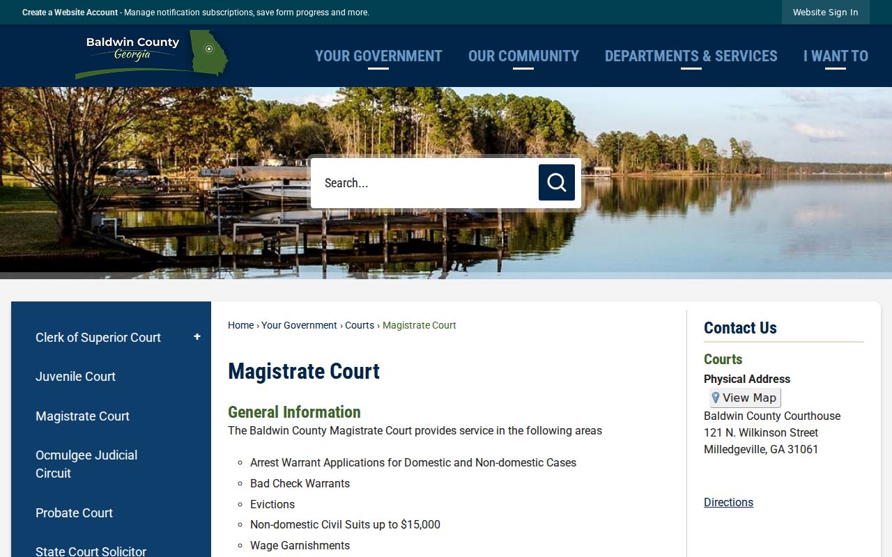 Official Baldwin Magistrate Court page describing warrant application services